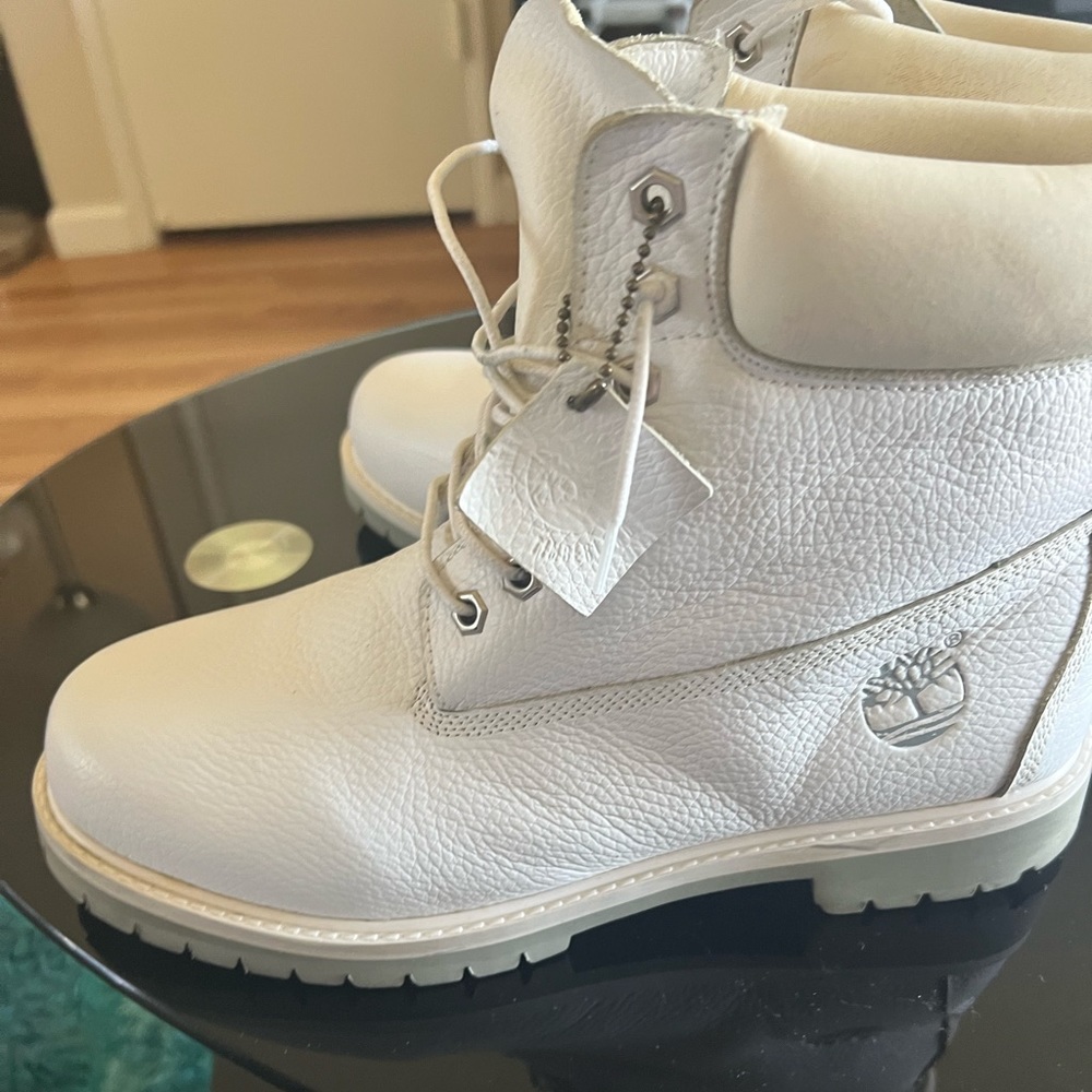 All white Timberland boots
